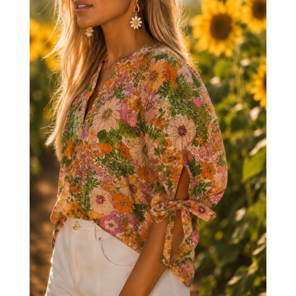 ERIKA - Boho Style Top with Multi-Color Flowers - Size Small